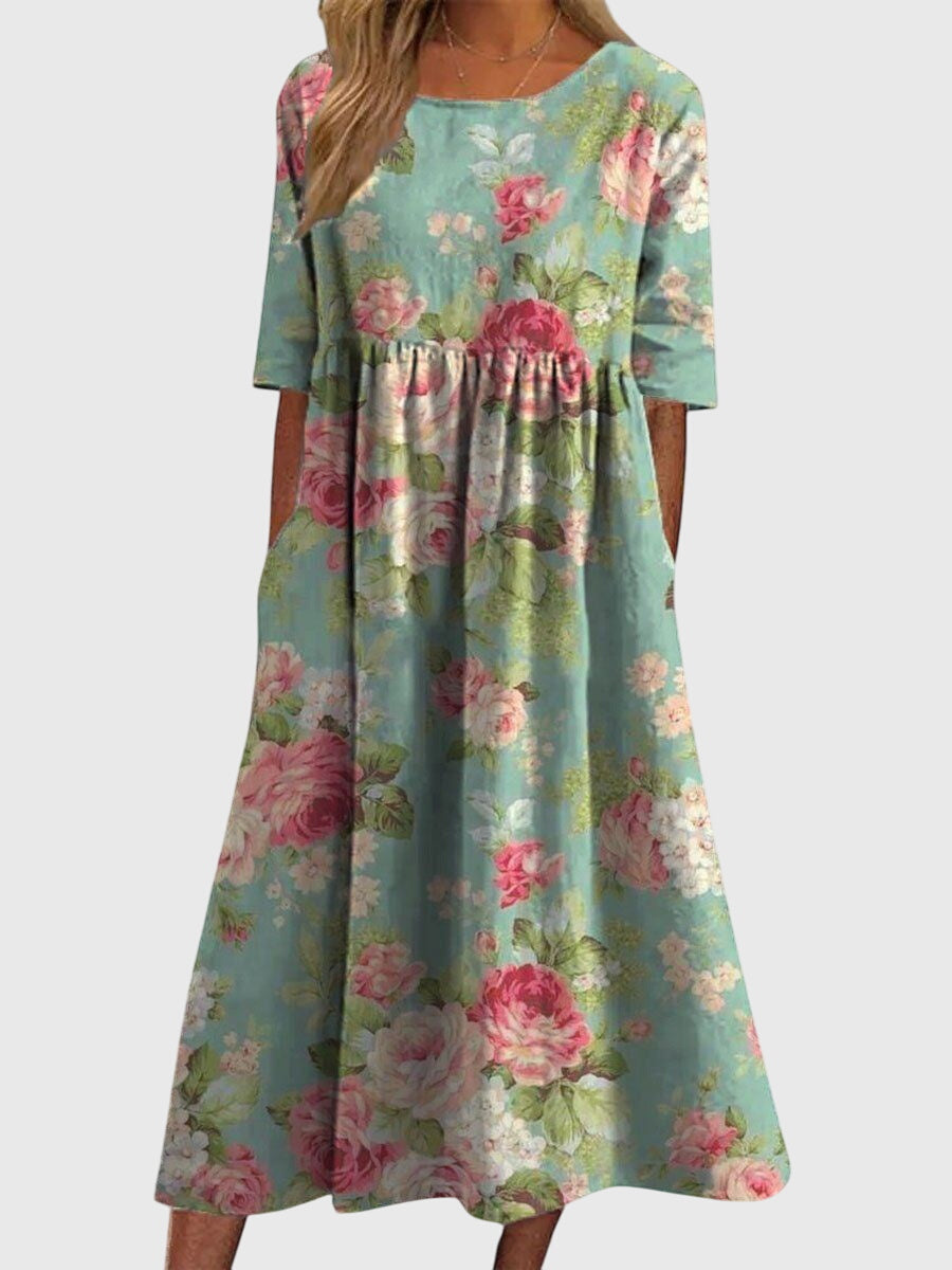Women's Floral Linen Midi Dress - Empire Waist and Side Pockets