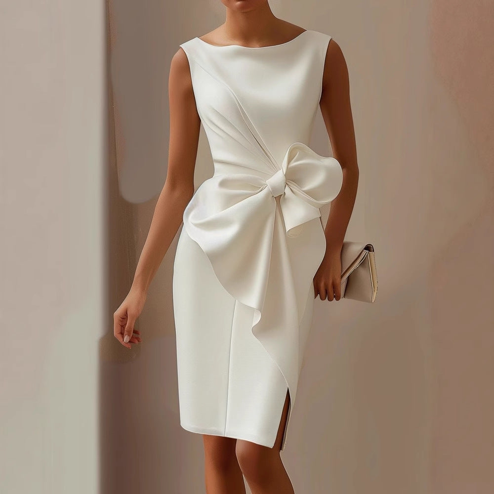 Women Boat Neck Midi Dress Sleeveless Side Bow Detail