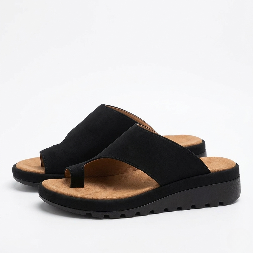 Women’s Toe Ring Slide Sandals - Non-Slip Wedge Sole