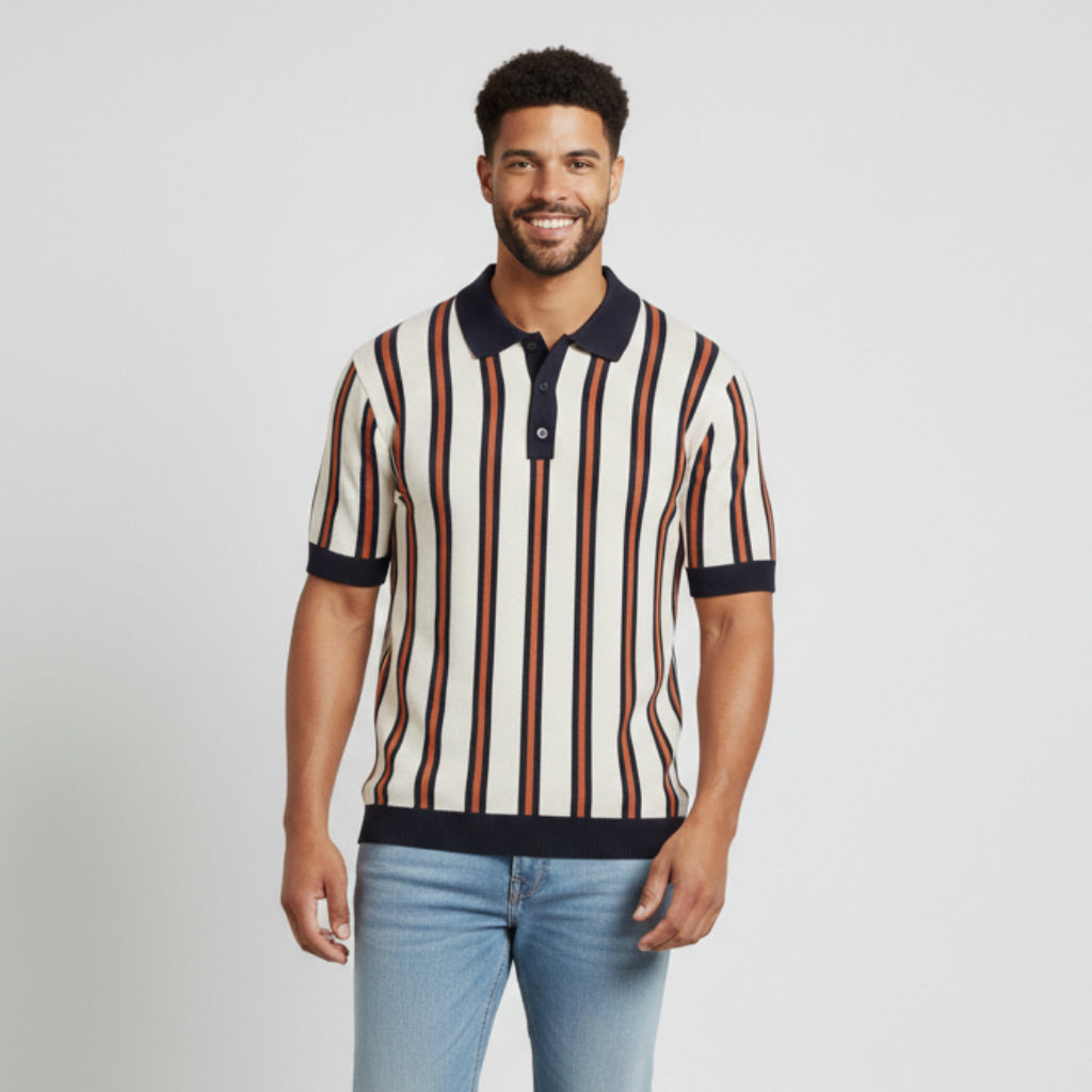 Vertical Stripe Knit Polo Shirt for Men