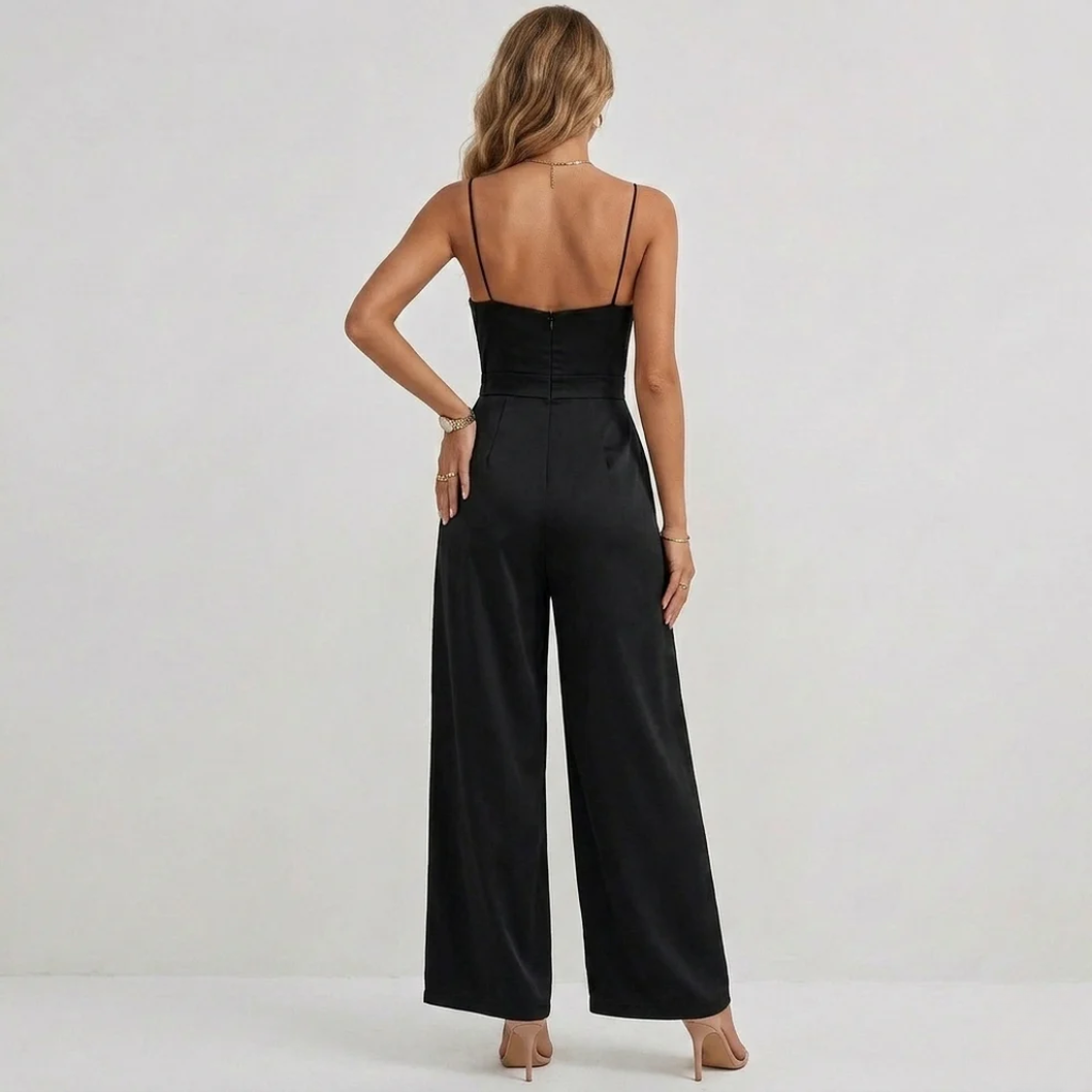 Women's High Waisted Spaghetti Strap Jumpsuit - Draped & Pleated