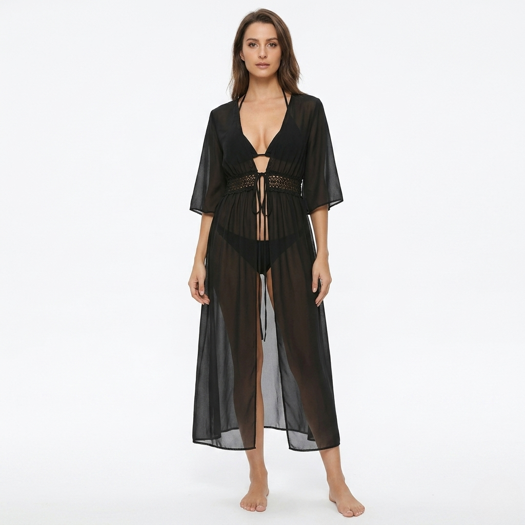 Women's Cover-Up Tie Waist Maxi Dress - Breathable Weave