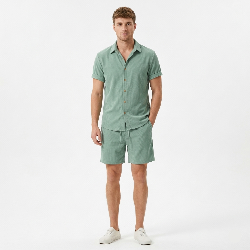 Men's Notched Collar Shirt Drawstring Shorts Casual Set