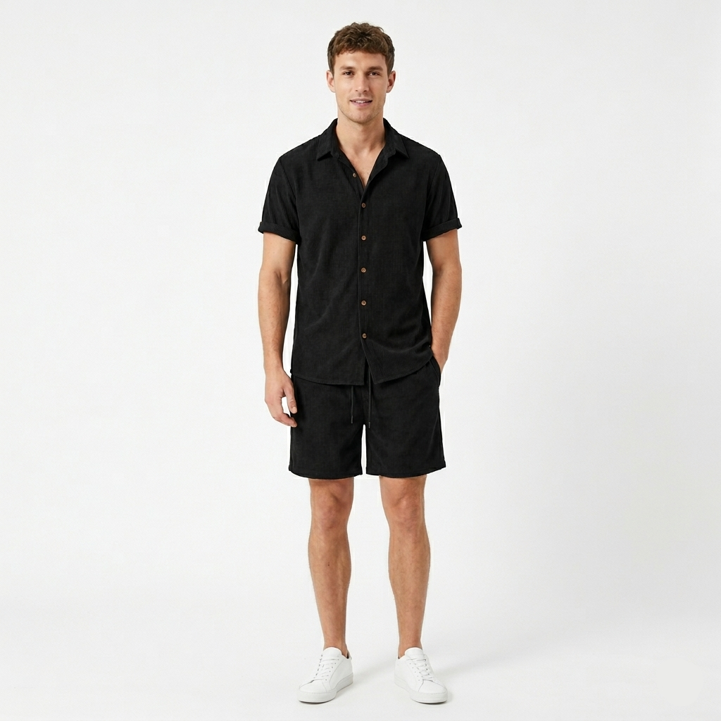 Men's Notched Collar Shirt Drawstring Shorts Casual Set