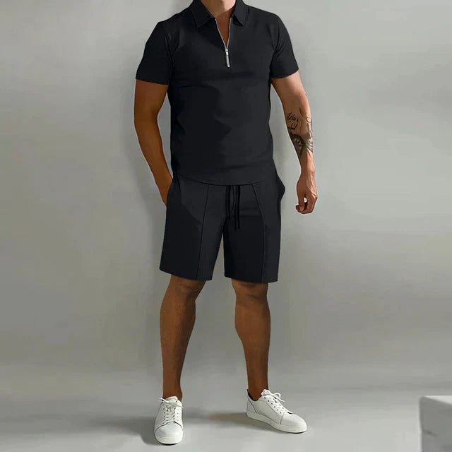 Men's 2-Piece Set - Quarter-Zip Polo Shirt and Drawstring Shorts