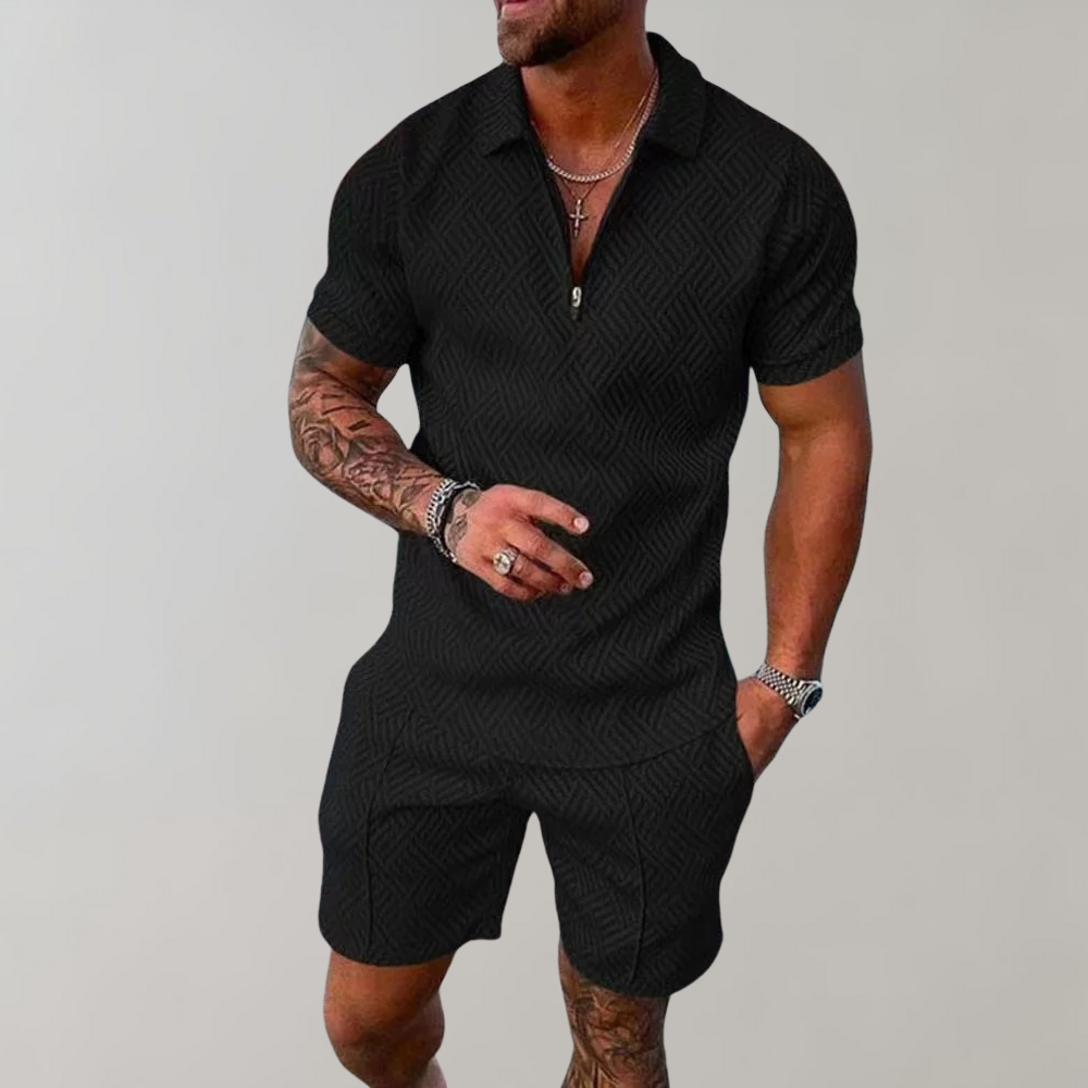 Men's 2-Piece Set - Quarter-Zip Polo and Matching Textured Shorts