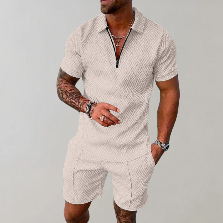 Men's 2-Piece Set - Quarter-Zip Polo and Matching Textured Shorts