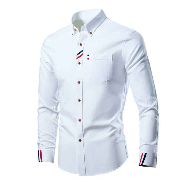 Men's Button-Down Long Sleeve Shirt - Striped Trim with Front Pocket
