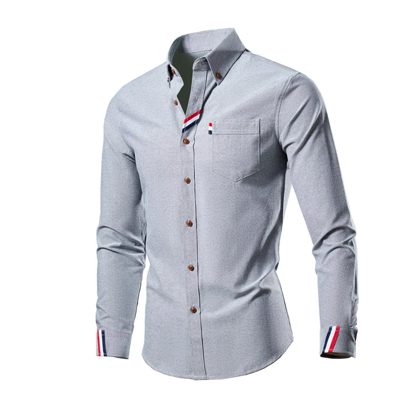 Men's Button-Down Long Sleeve Shirt - Striped Trim with Front Pocket