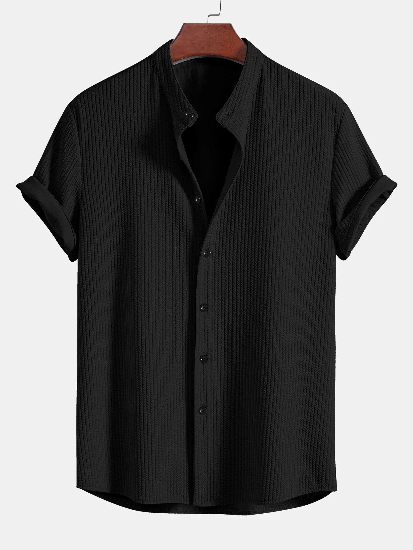 Men's Button Down Mandarin Collar Shirt - Ribbed Texture Weave