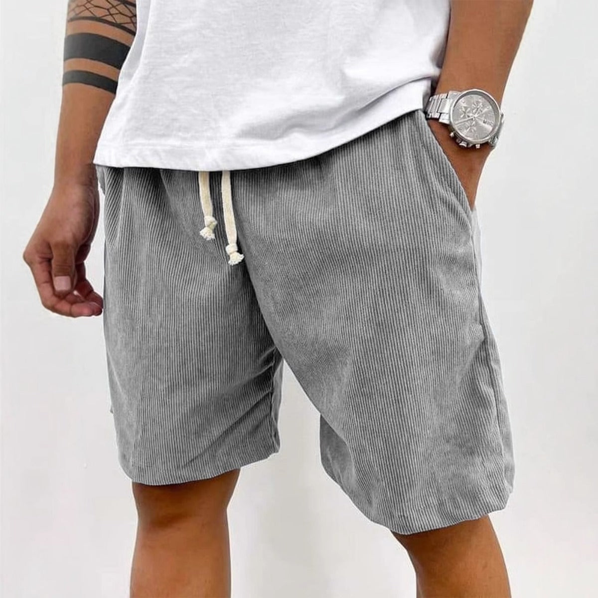 Men's Corduroy Shorts - Drawstring Waist and Ribbed Texture