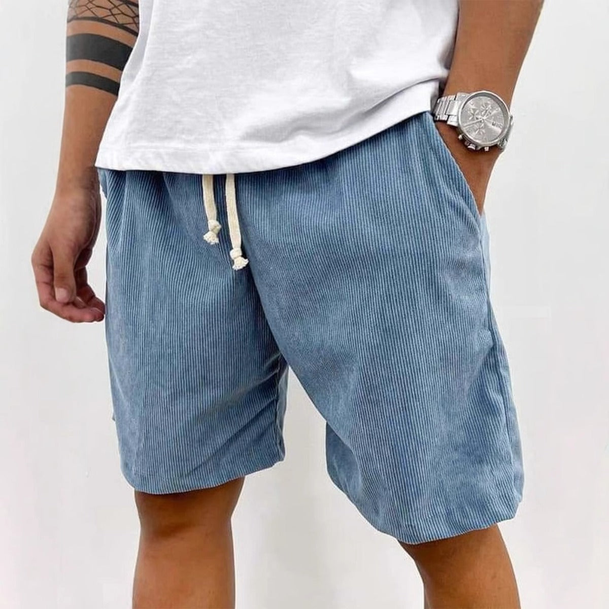 Men's Corduroy Shorts - Drawstring Waist and Ribbed Texture