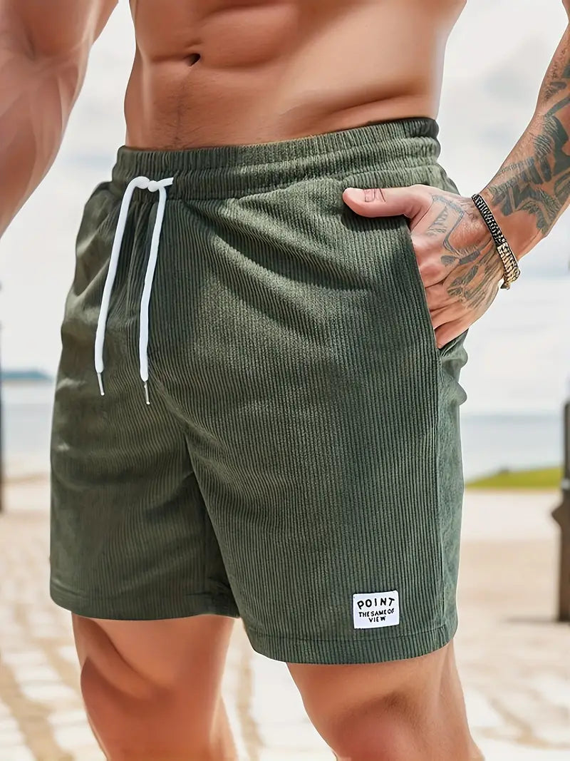 Men's Corduroy Shorts - Elasticated Drawstring Waist and Hem Patch Detail