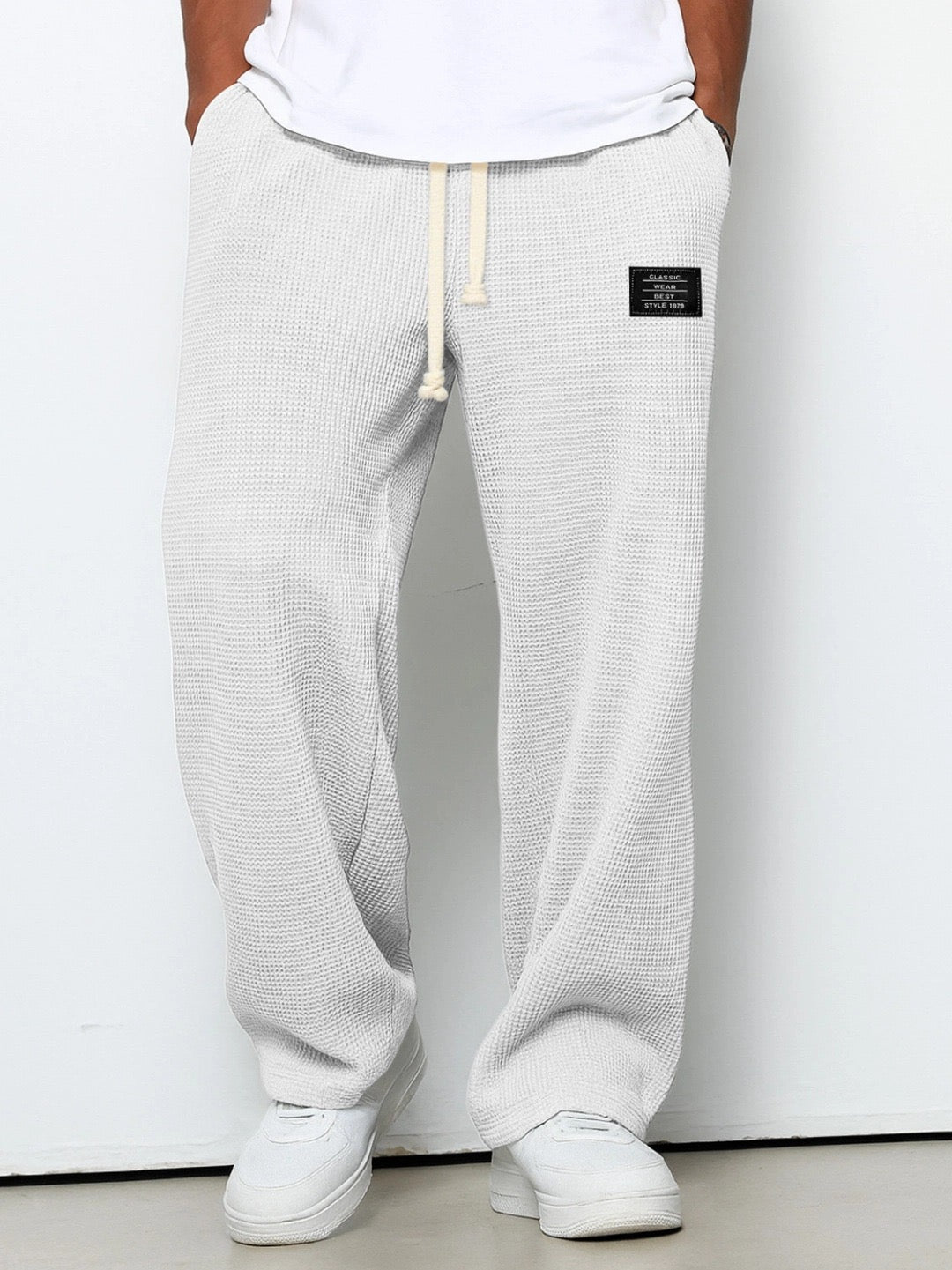 Men's Drawstring Trousers Relaxed Fit Joggers Waffle Knit Sweatpants