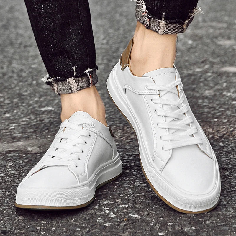 Men's Lace-Up Thick Sole Trainers - Minimalist Leather
