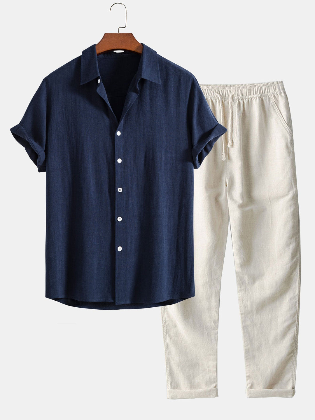 Men's Set Co Ord Short Sleeve Shirt Drawstring Trousers