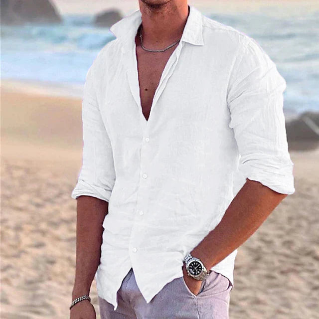 Men's Long Sleeve Button Down Shirt - Breathable Linen