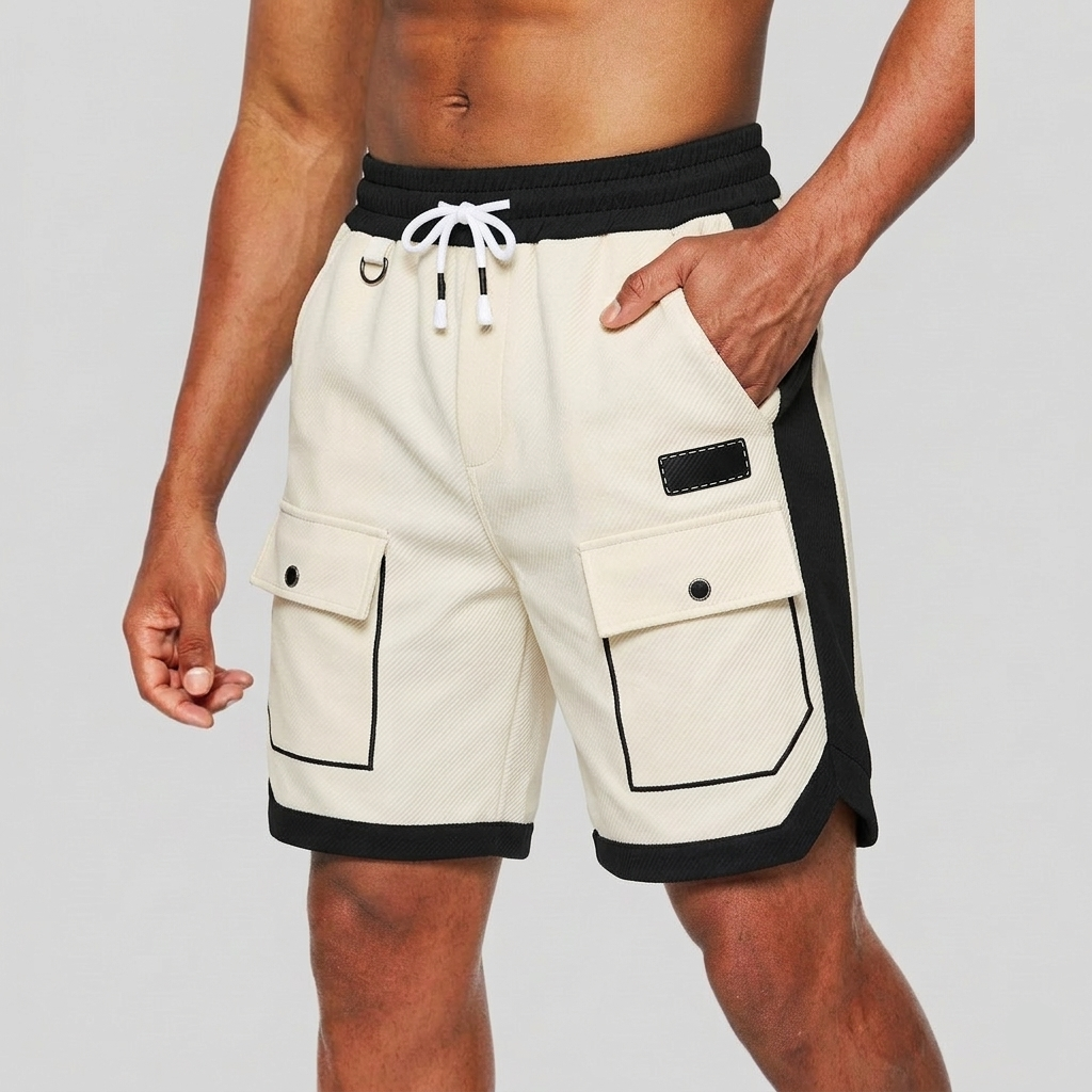 Men's Loose Cargo Shorts - Contrast Panelling and Drawstring Waist