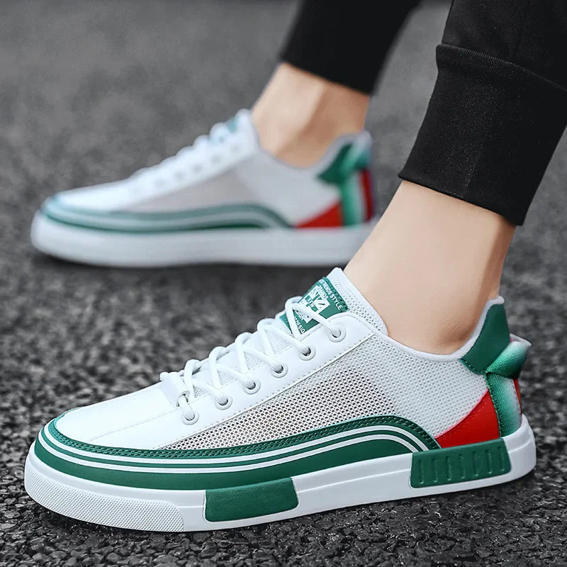 Men's Mesh Sneakers - Lace-Up and Contrast Striped Sole