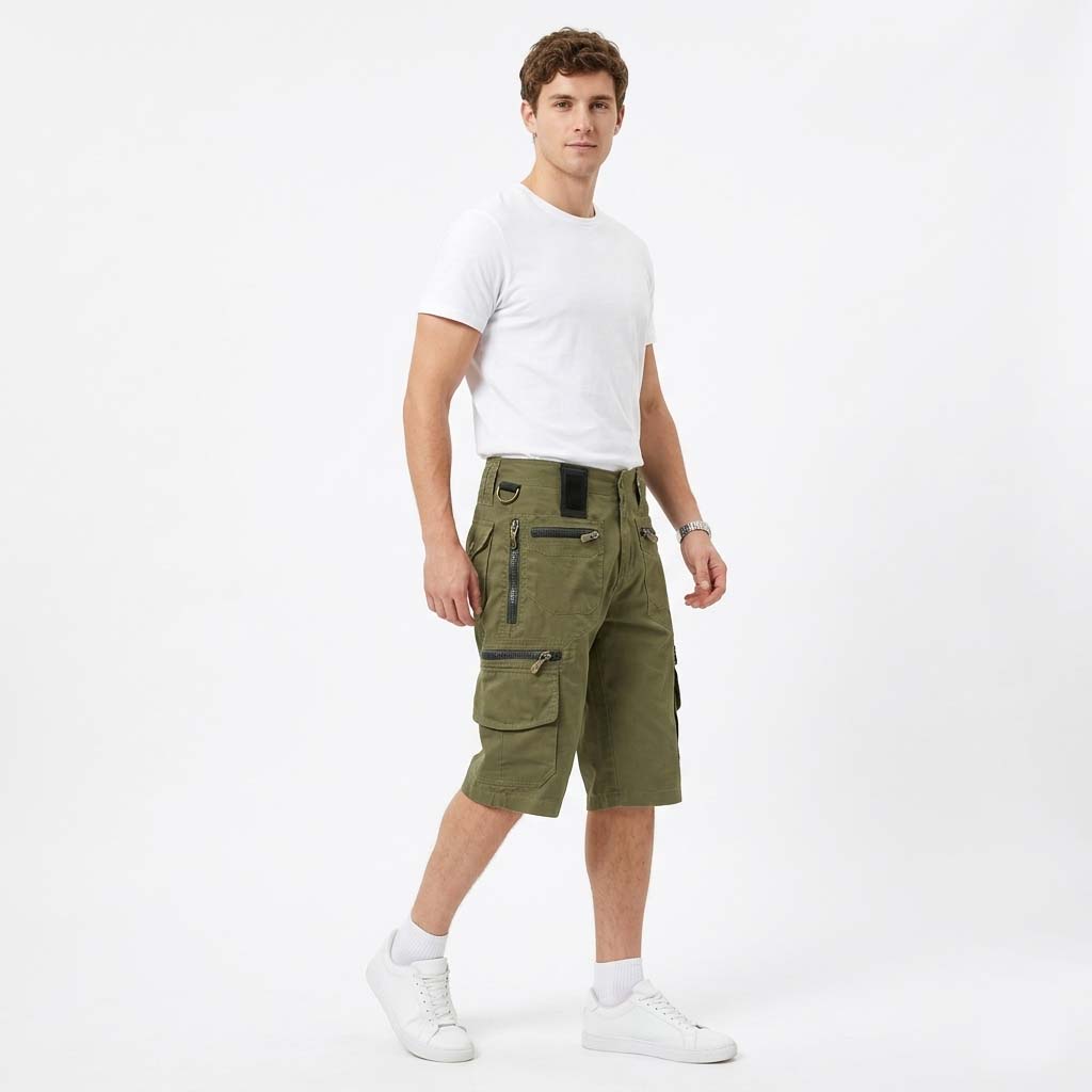 Men's Military Style Cargo Shorts - Zippered Multi-Pockets