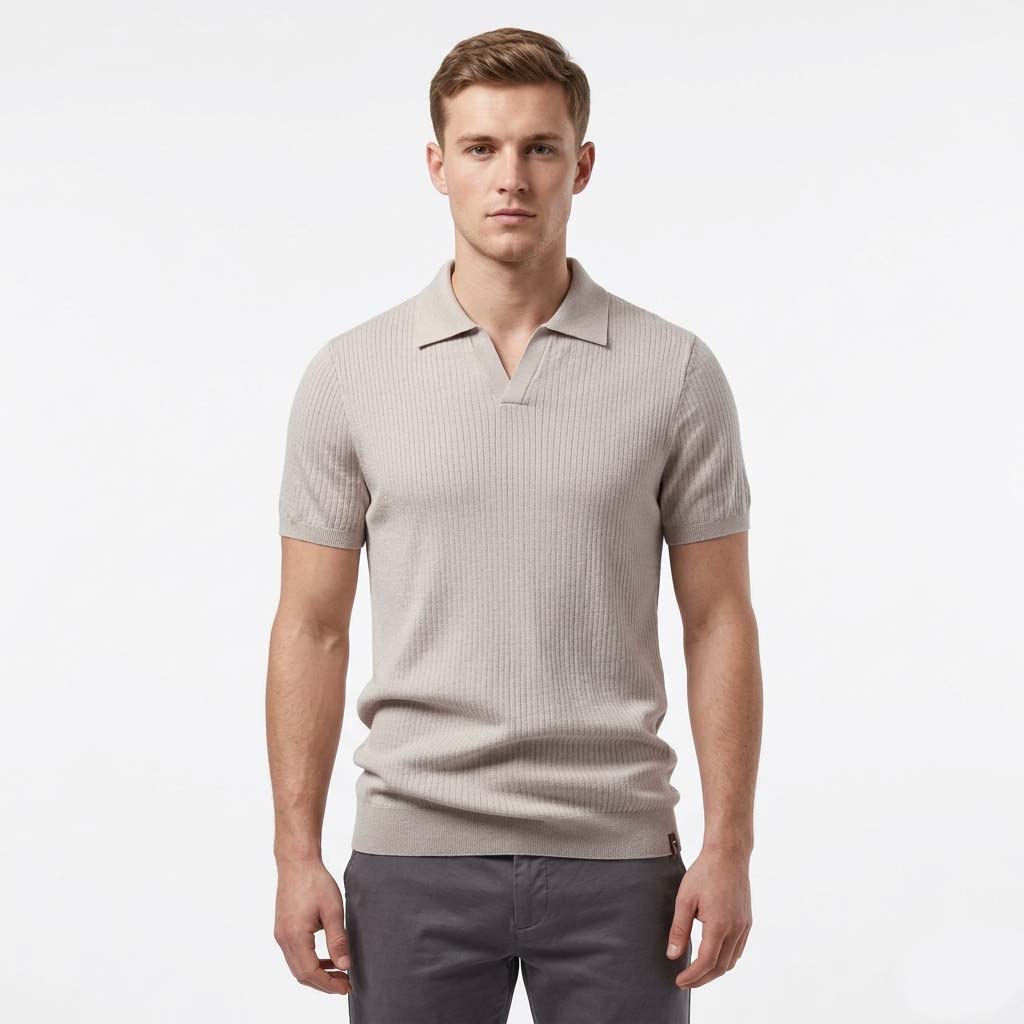 Men's Open Collar V-Neck Polo Shirt - Ribbed Knit Texture