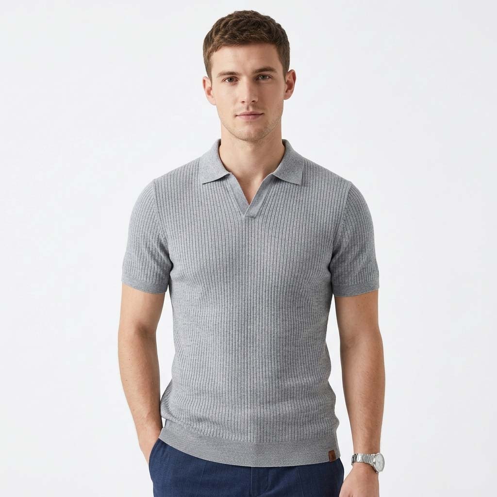 Men's Open Collar V-Neck Polo Shirt - Ribbed Knit Texture
