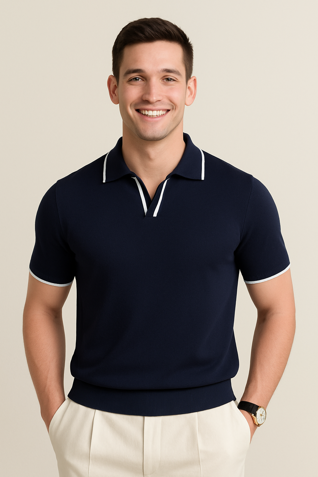 Men's Open Neck Short Sleeve Polo Shirt - Contrast Trim