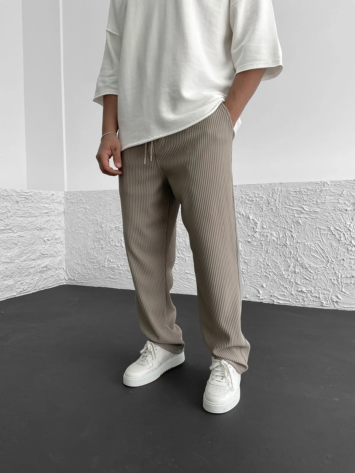 Men's Relaxed Fit Straight Leg Trousers - Ribbed Texture