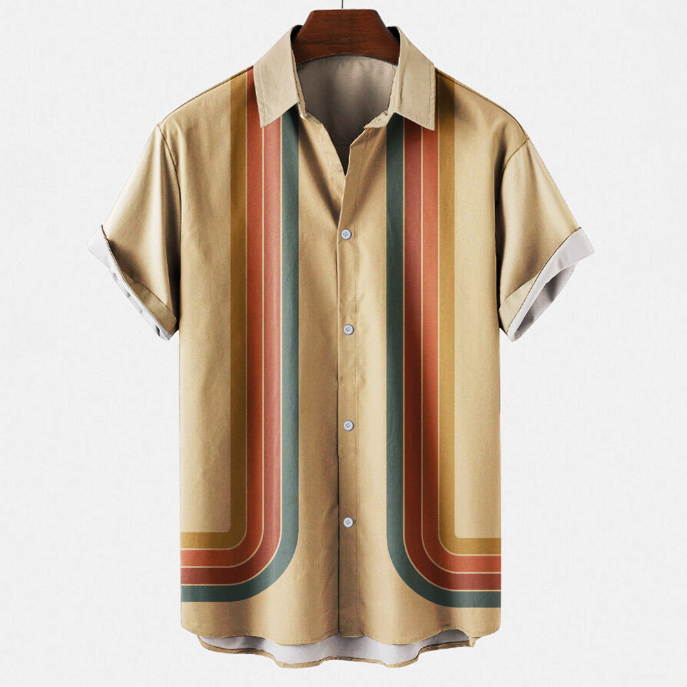 Men's Short Sleeve Button Down Shirt - Retro Striped Design