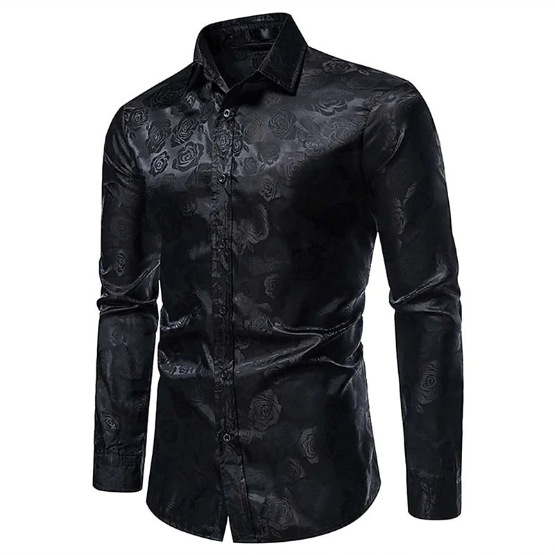 Men's Slim Fit Button Down Shirt - Glossy Finish with Rose Pattern