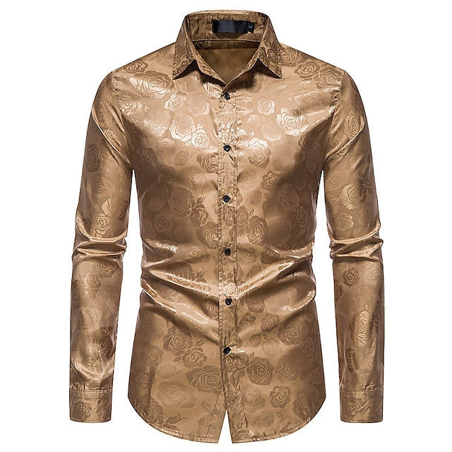 Men's Slim Fit Button Down Shirt - Glossy Finish with Rose Pattern