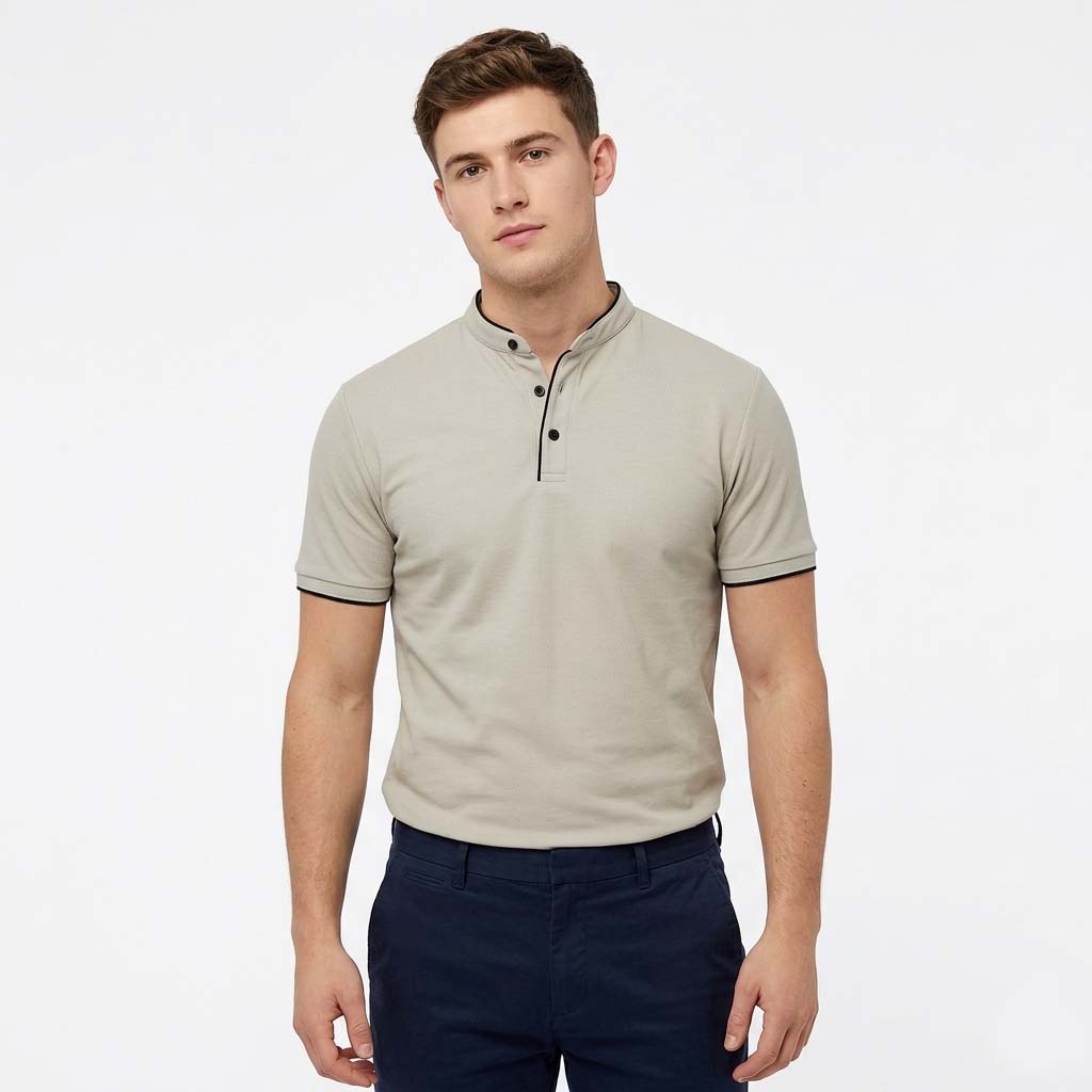 Men's Slim Fit Stand Collar Polo Shirt - Contrast Trim Design