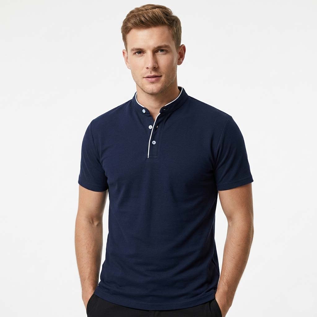 Men's Slim Fit Stand Collar Polo Shirt - Contrast Trim Design