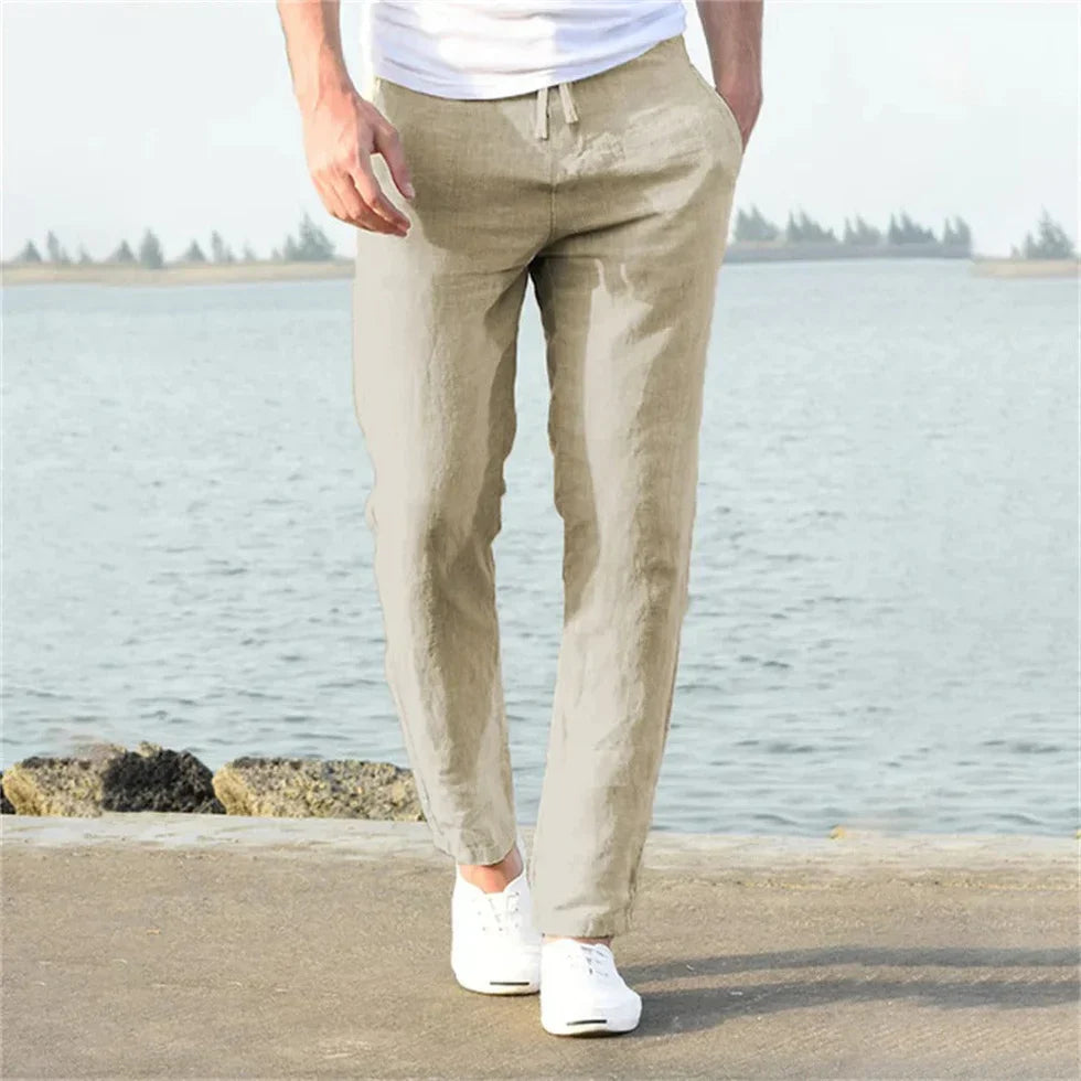 Men's Straight Leg Elastic Waist Trousers - Lightweight Linen
