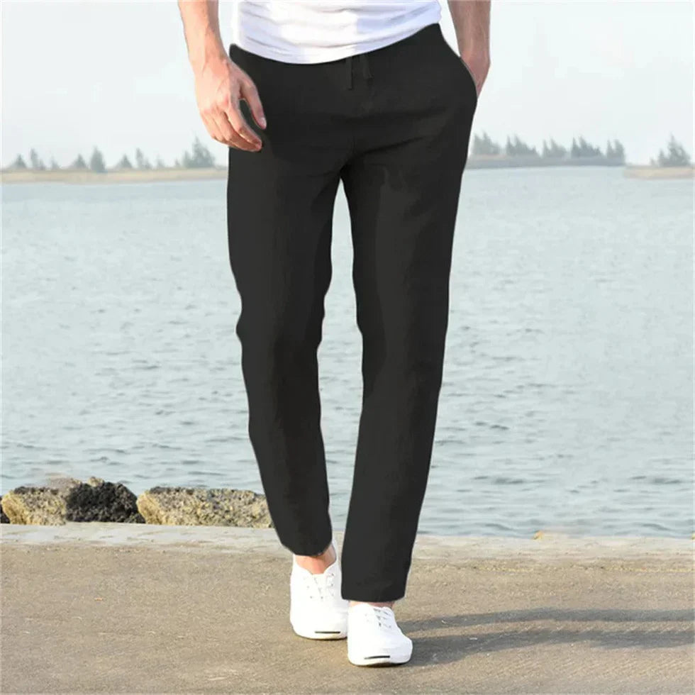 Men's Straight Leg Elastic Waist Trousers - Lightweight Linen
