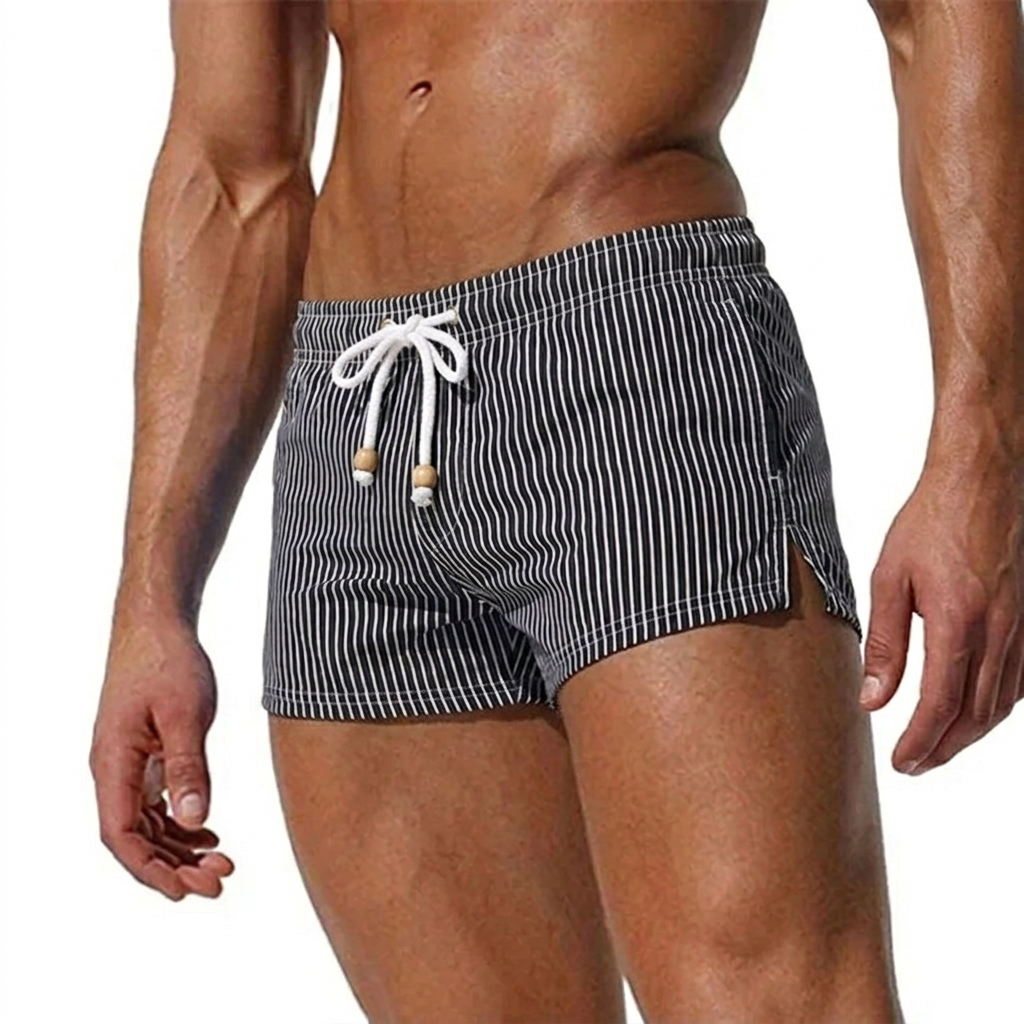 Men's Striped Swim Shorts - Drawstring Waist and Quick-Dry Fabric