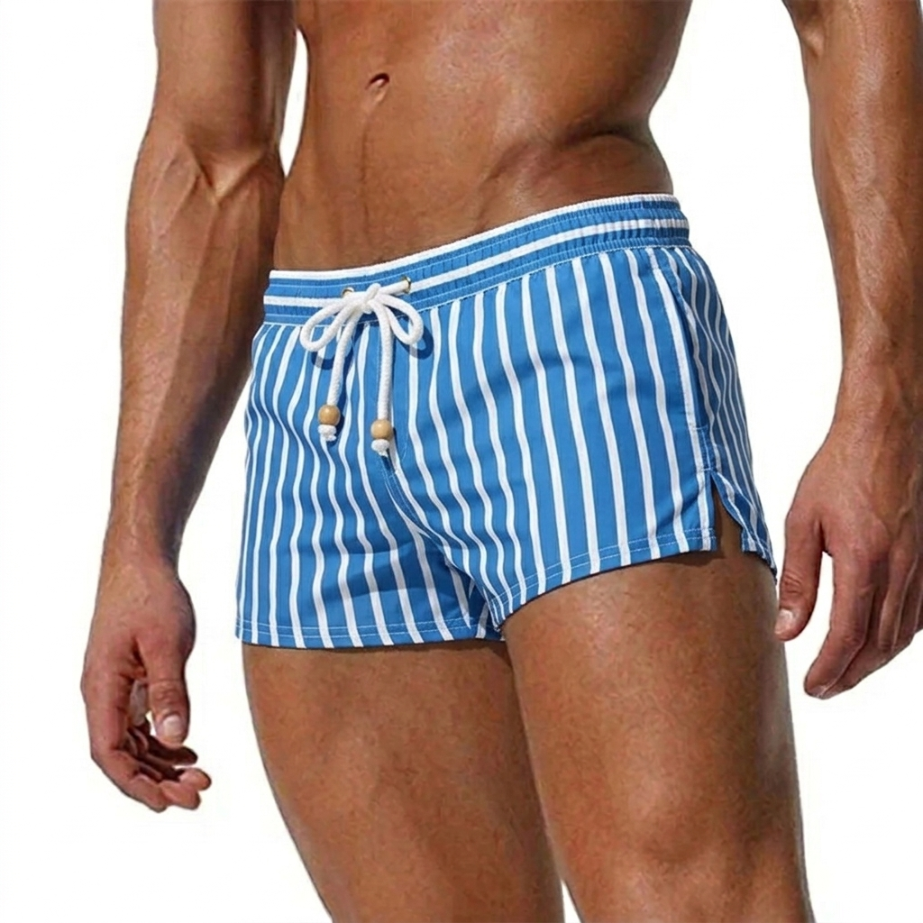 Men's Striped Swim Shorts - Drawstring Waist and Quick-Dry Fabric