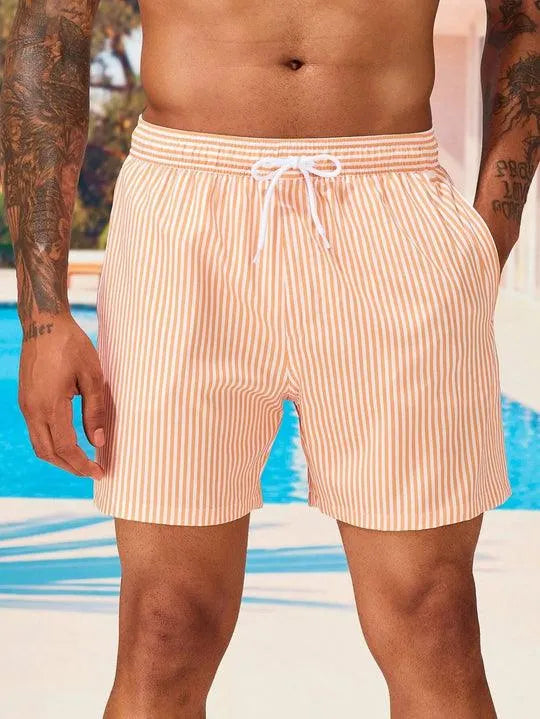 Men's Striped Swim Shorts - Elasticated Waist and Drawstring Closure