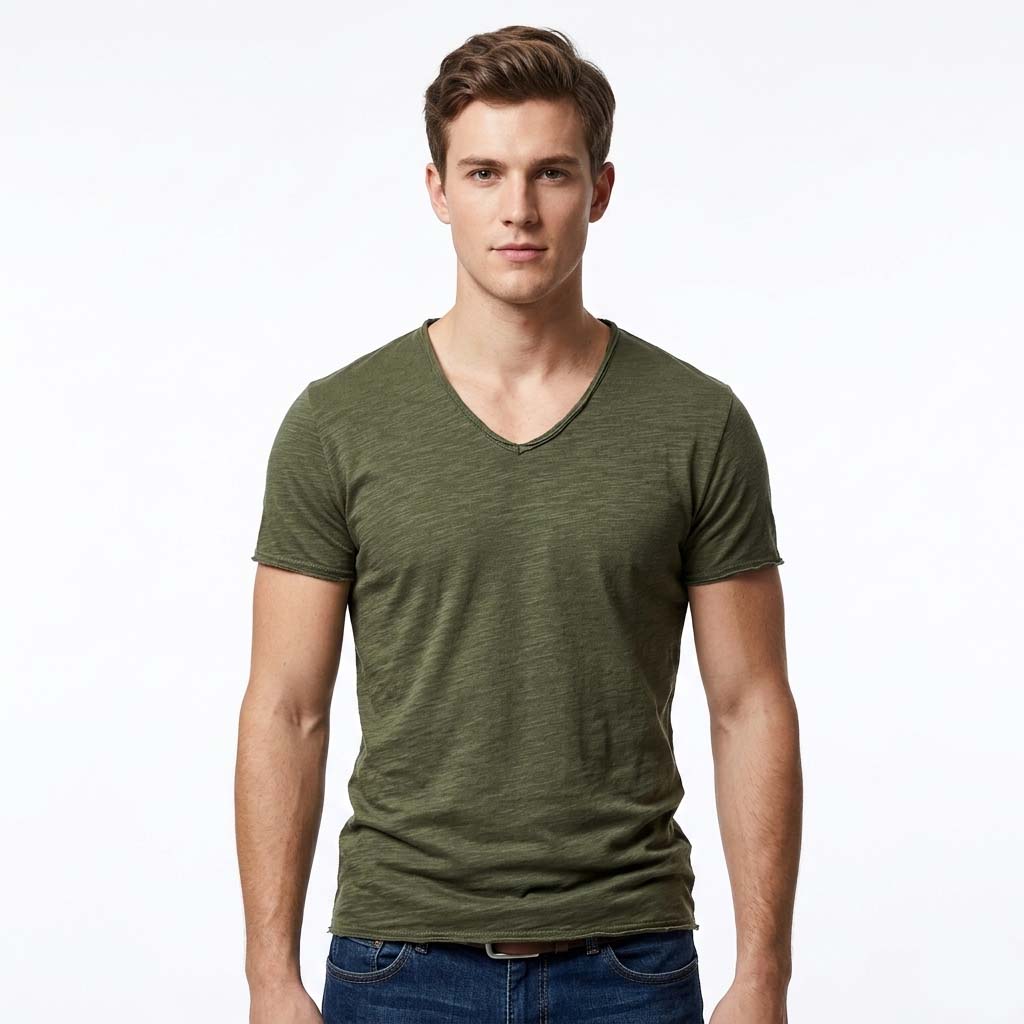 Men’s V-Neck Short Sleeve T-Shirt - Slub Textured