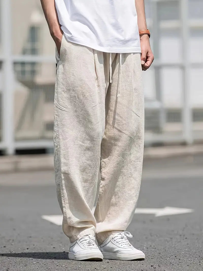 Men's Wide Leg Oversized Cream Trousers - Breathable Linen