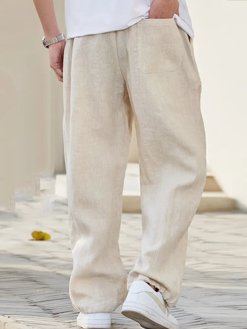Men's Wide Leg Oversized Cream Trousers - Breathable Linen