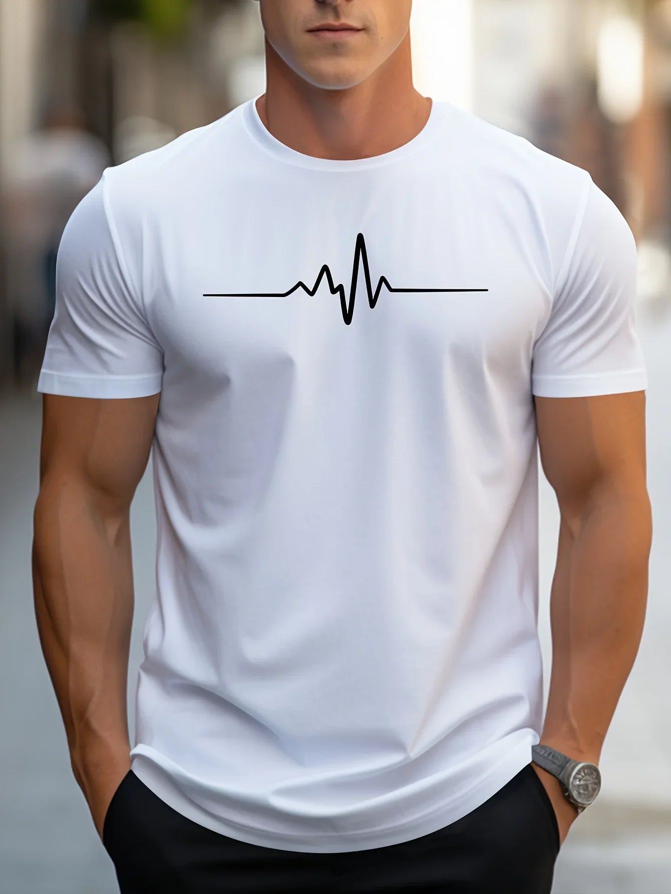 Men's Short Sleeve Slim Fit T-Shirt - Minimalist Heartbeat Print