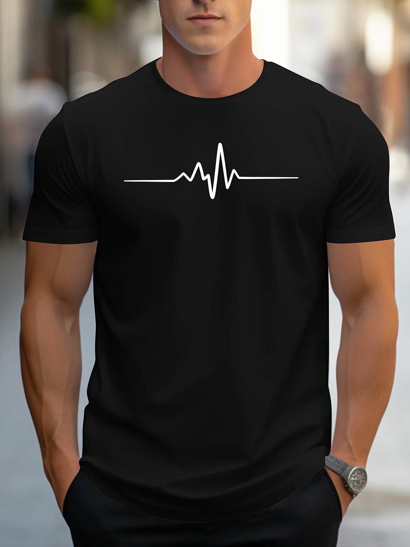 Men's Short Sleeve Slim Fit T-Shirt - Minimalist Heartbeat Print