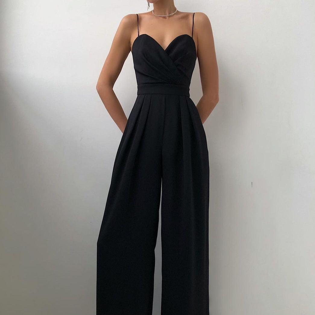 Women's High Waisted Spaghetti Strap Jumpsuit - Draped & Pleated