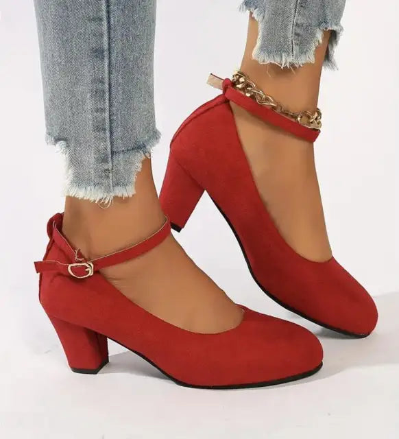 Women’s Round Toe Block Heels - Matte Suede Finish