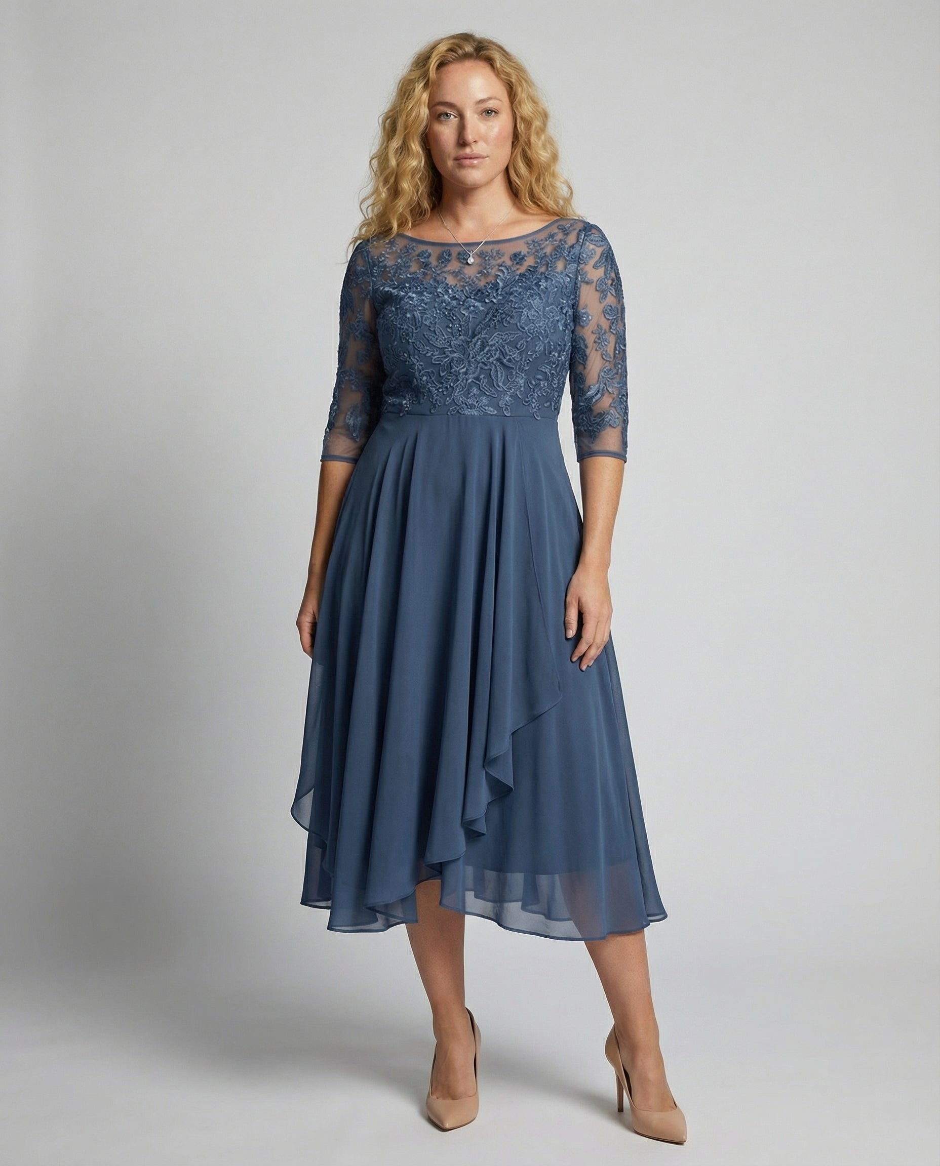 Women's 3/4 Sleeve Embroidered Midi Dress - Layered Skirt