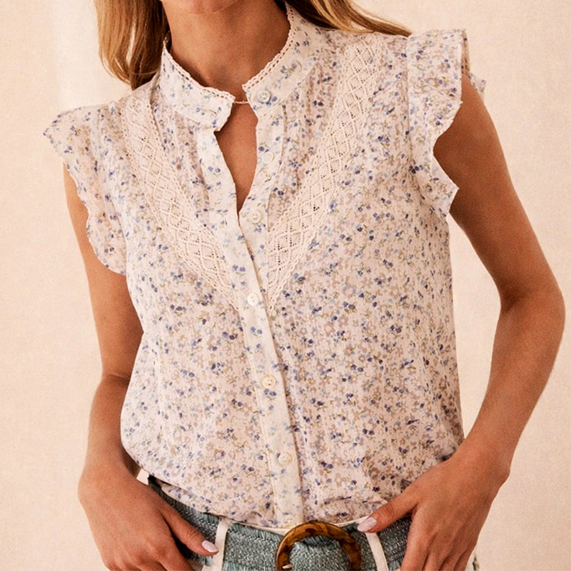Women's Beige Ruffle Sleeves Blouse - Mandarin Collar with Floral Print