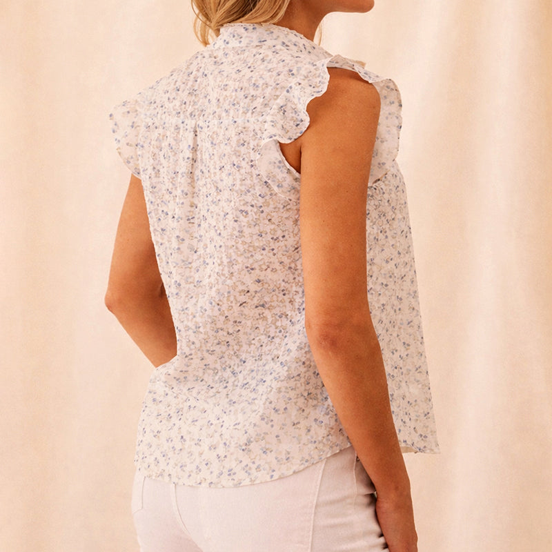 Women's Beige Ruffle Sleeves Blouse - Mandarin Collar with Floral Print