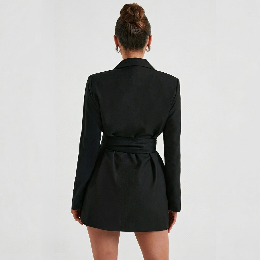 Women's Black Blazer Mini Dress - V-Neck and Tie Waist