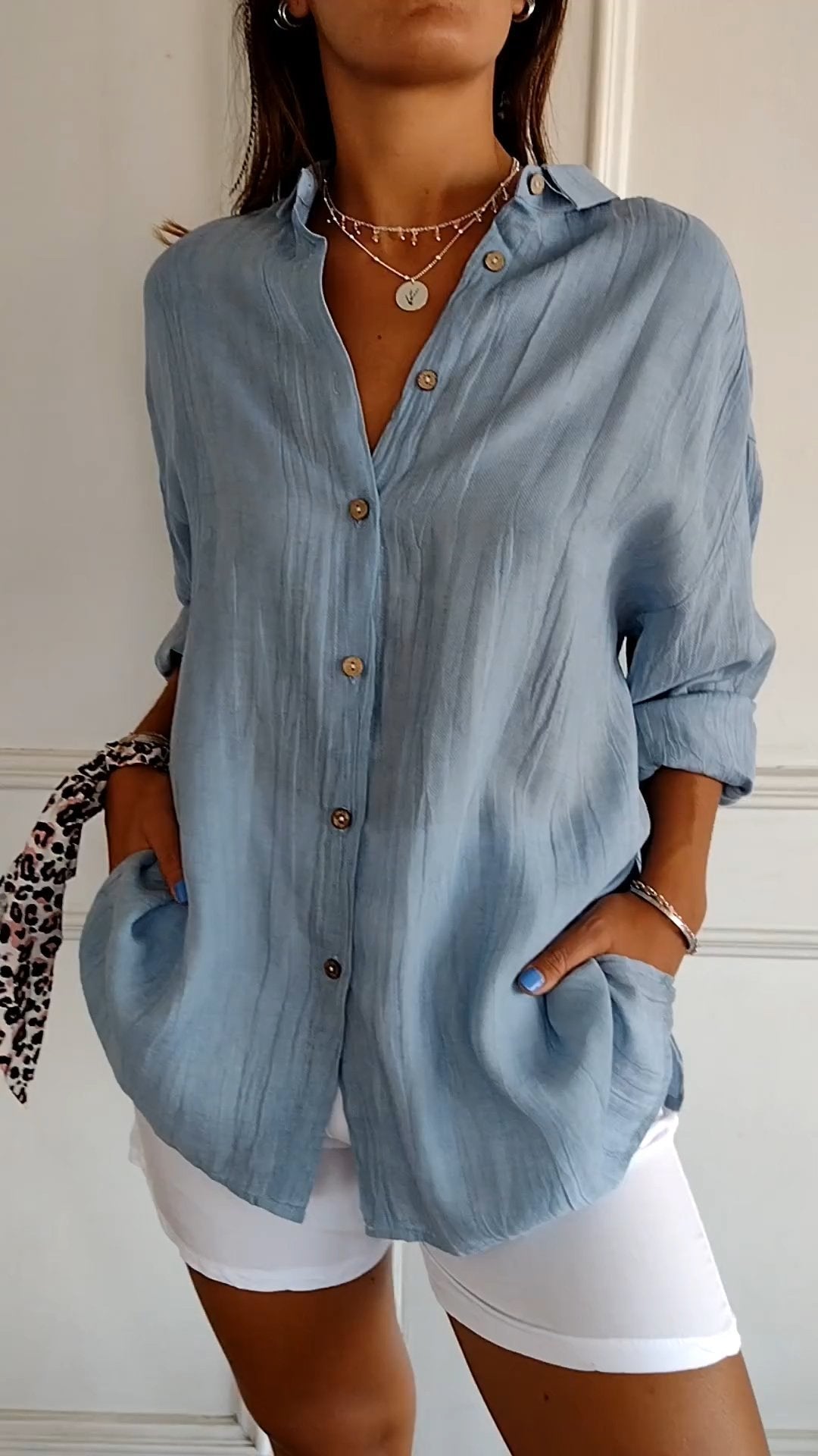 Women’s Button-Down Long Sleeve Blouse - Crinkled Linen Texture
